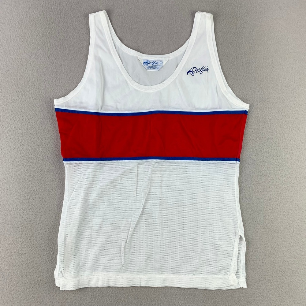 Vintage 80s Dolfin Tank Top Mens Large White Red Striped USA Mesh Running Nylon
